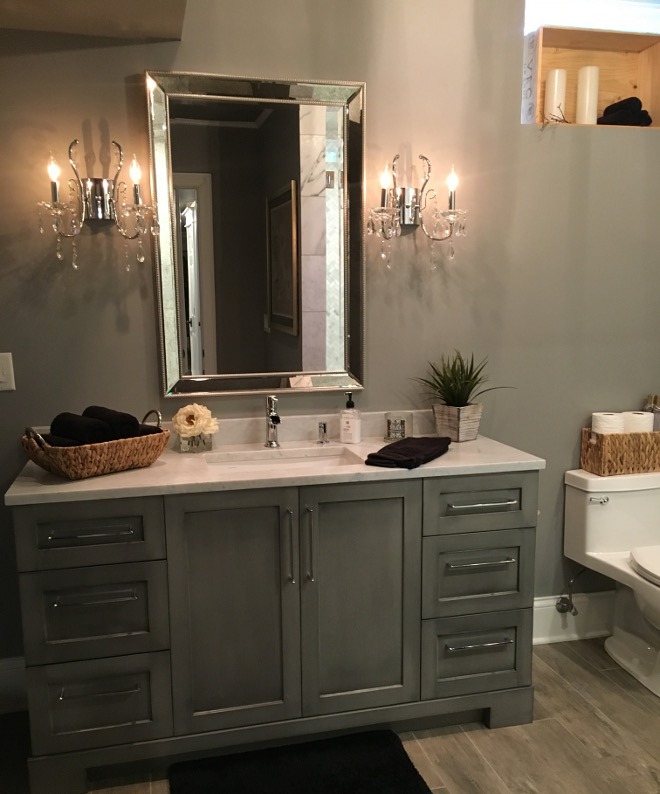 Bathroom. Grey bathroom cabinet. Custom cabinets are from A.W.E (Artistic Wood Expressions) Color: Custom paint and glaze. Beautiful Homes of Instagram Sumhouse_Sumwear