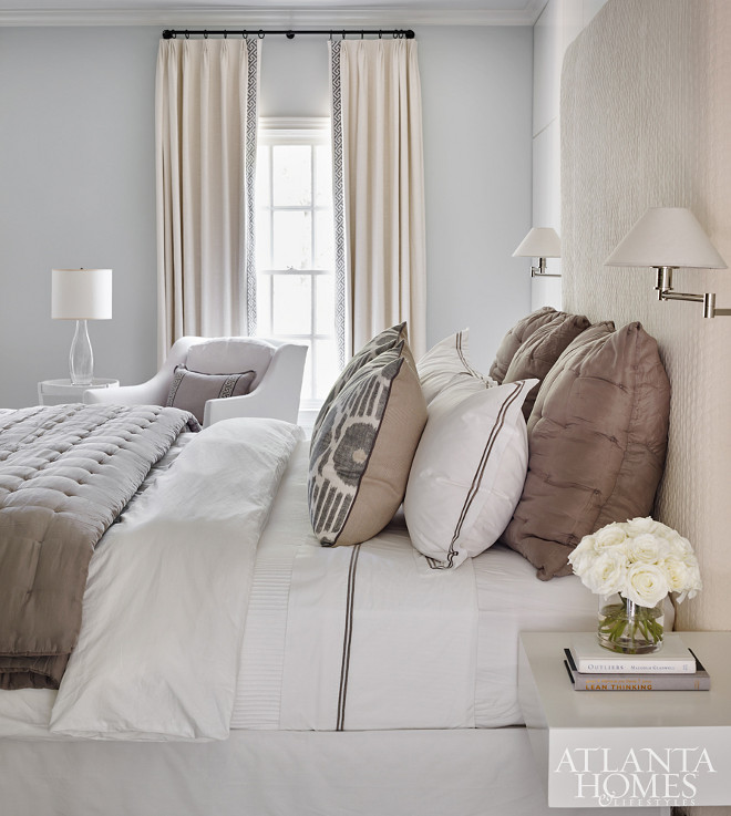 Bedroom Color Scheme of neutral beiges and pale greys. Bedroom Color Palette #Bedroom #colorpalette Beth Webb Via Atlanta Homes magazine.