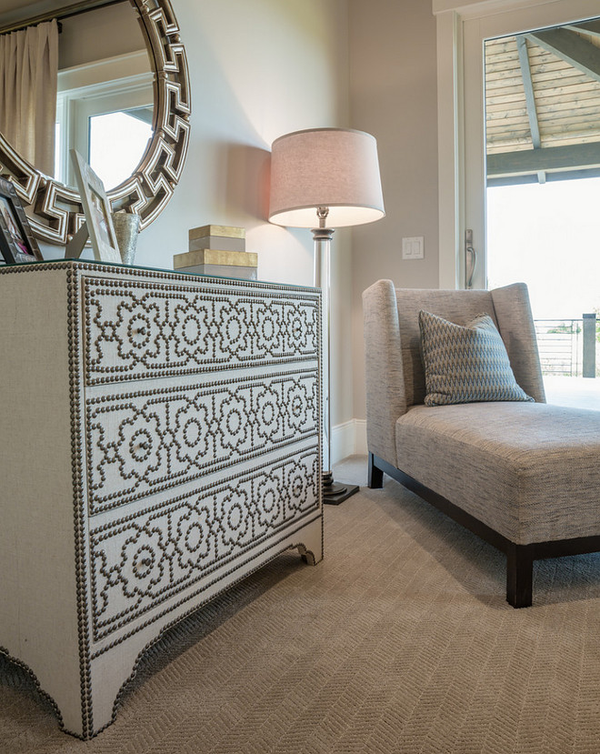 Relaxing reading nook in this master bedroom. Chaise is by Lee Industries in Pindler fabric, floor lamp by RH and nailhead dresser by Bernhardt Furniture. bedroom-sitiing-area Restyle Design, LLC.