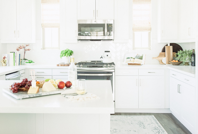 "Benjamin Moore OC-117 Simply White" brings a crisp look to this small California kitchen. benjamin-moore-oc-117-simply-white-best-crisp-white-paint-color-for-white-kitchen-cabinets-benjamin-moore-oc-117-simply-white-benjaminmooreoc117simplywhite