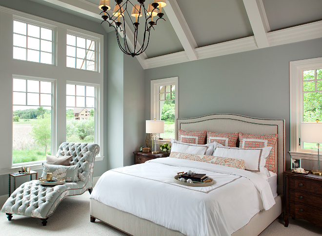 This paint color is perfect for a bedroom - Benjamin Moore Half Moon Crest 1481. Ceiling paint color is Benjamin Moore mix 50% White/50% Half Moon Crest 1481. Trim paint color is BM Icicle 2142-70. blue-gray-paint-color-benjamin-moore-half-moon-crest-1481 Vivid Interior Design. Hendel Homes