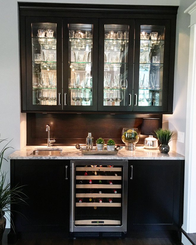 Wet Bar. Kitchen wet bar cabinet. The wet bar is in dark wood with a wood backsplash because I wanted this to be a more masculine feature in the home. #wetbar #bar #wetbarcabinet #kitchenbar #barccabinet Beautiful Homes of Instagram Sumhouse_Sumwear