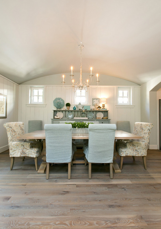 Dining room wainscoting, arched ceiling and white oak plank hardwood flooring. Coastal Dining room wainscoting, arched ceiling and white oak plank hardwood flooring. #Diningroom #wainscoting #archedceiling #whiteoakplank #hardwoodflooring Coralberry Cottage