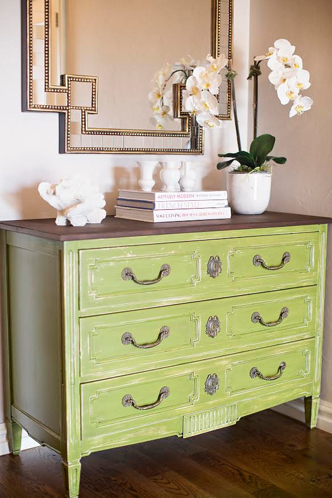 Distressed green dresser. Distressed dresser. The green dresser is from a local antique store and the gold mirror is from Horchow. distressed-green-dresser #Distresseddresser #greendresser #Distressed #dresser Ivy House Interiors