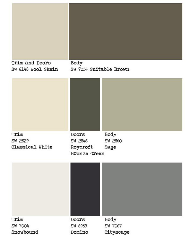 Exterior Paint Color Palette Ideas. Trim, doors and siding paint color. Warm exterior paint color. Exterior color scheme. Grey exterior paint color.