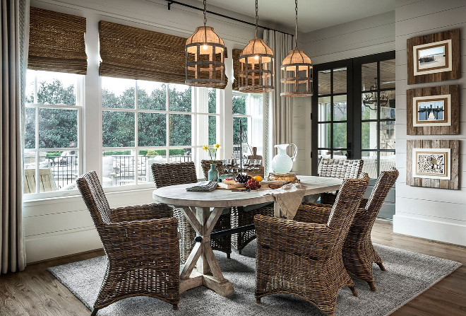 Farmhouse Dining room. Casual Farmhouse Dining room. Casual Farmhouse Dining room Design. Farmhouse Dining room with rustic farmhouse table and wicker chairs. #Farmhouse #Diningroom #FarmhouseDiningroom #rustic #farmhousetable #wickerchairs Outrageous Interiors