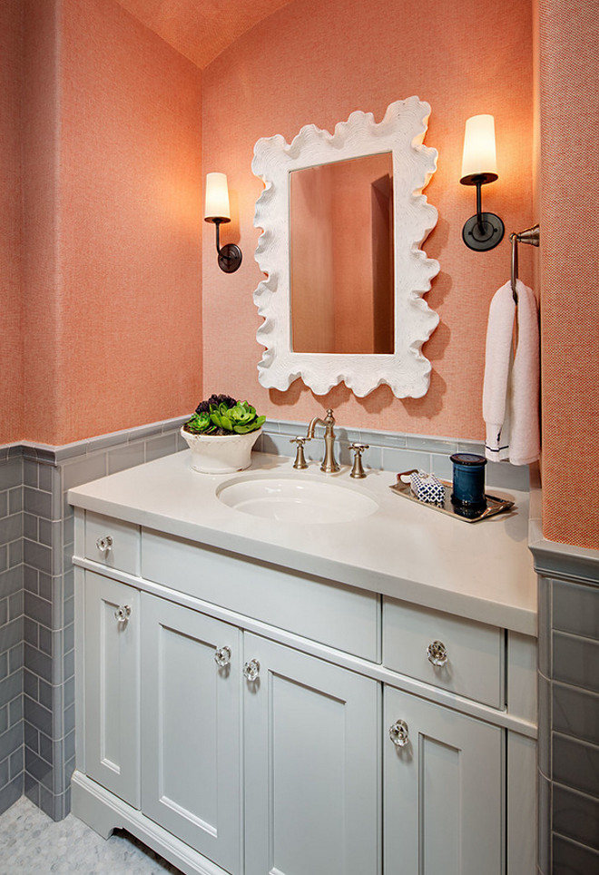 Grey bathroom with coral wallpaper. Grey bathroom with coral wallpaper. Coral wallpaper is Phillip Jeffries - Orange Opalescent. grey-bathroom-with-coral-wallpaper #graybathroom #bathroom #coralwallpaper #PhillipJeffries #OrangeOpalescent Tracy Lynn Studio