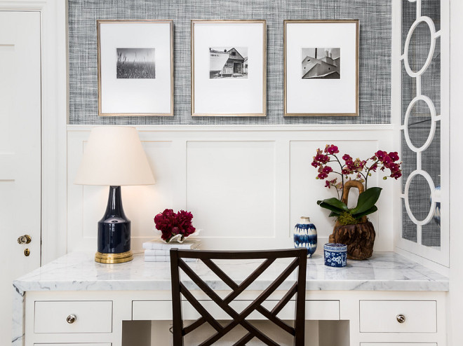 Home Office Wallpaper. Home Office Gray Wallpaper. The wallpaper used in this project was Phillip Jeffries Driftwood grasscloth and the color was Twilight Blue. Robert Frank Interiors. Clark Dugger Photography