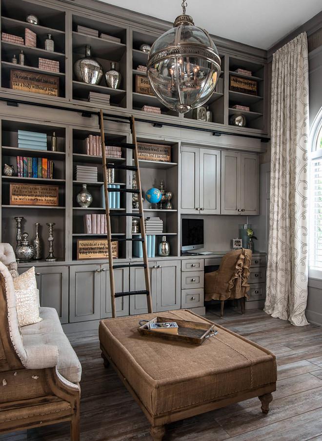 Home office. Gray cabinet. Home office gray cabinet ideas. The cabinets came from Dura Supreme Cabinetry. The color is Heritage "D". home-office-with-gray-cabinet #homeoffice #graycabinet #homeofficecabinet Kate Benjamin Photography LLC (Dillman & Upton, SL Smith Design - Cabinet Designer: Lindsey Markel)