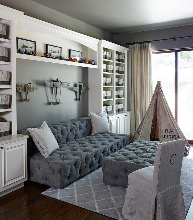 Kids playroom with reading Nook. Grey Kids playroom with reading Nook. Kids playroom with reading Nook Sofa and ottoman is from Restoration Hardware #playroom #readingNook kids-playroom-reading-nook The Refined Group