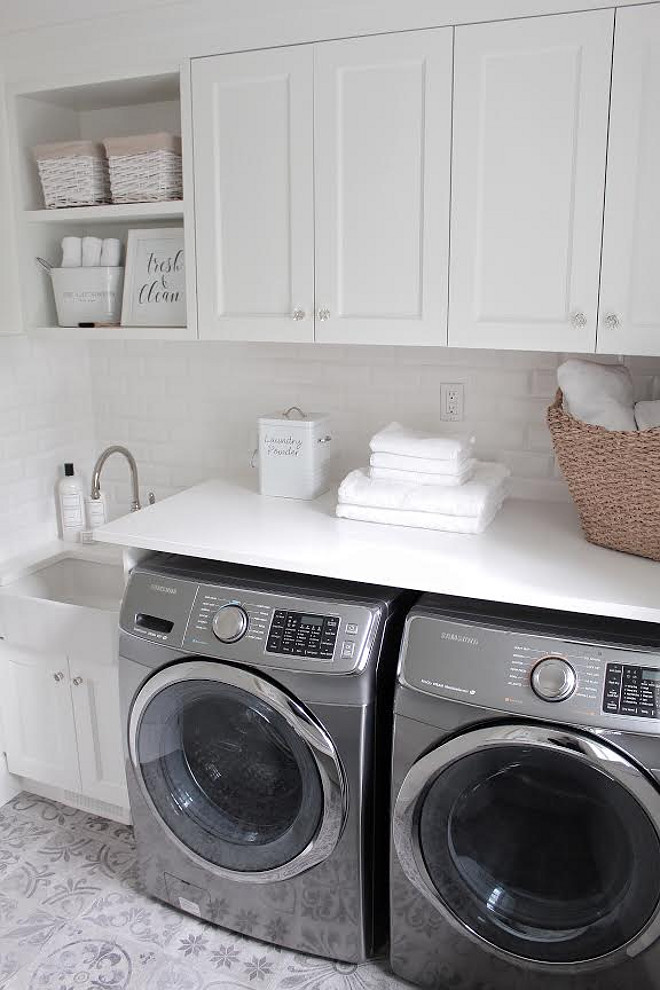 Laundry room with cement floor tile. White Laundry room with cement floor tile. Laundry room with cement floor tile. #Laundryroom #cementfloortile laundry-room-cement-tile JShomedesign via Instagram