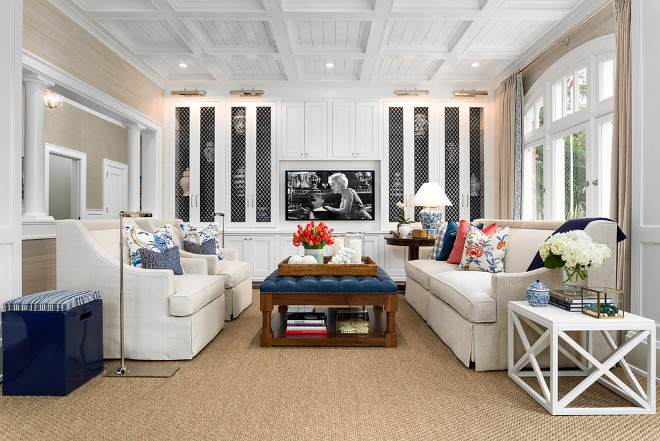 Living room. The millwork and coffered ceiling were painted using Dunn Edwards White Picket Fence. The walls were covered in Thibaut Coastal Sisal in Cream. #livingroom #sisal #cream #cofferedceiling #wallpaper #walls Robert Frank Interiors. Clark Dugger Photography