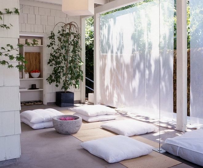 Meditation Room. Meditation Room. The draperies in this outdoor meditation room are made of antique sheer linen. Meditation Room. Meditation Room #MeditationRoom meditation-room Rozalynn Woods Interior Design