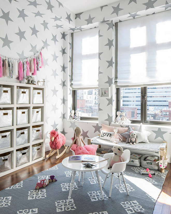 Playroom wall decor. Playroom wall decor and wallpaper. This Lucky Star wallpaper in silver metallic is by SISSY+MARLEY for Jill Malek. #playroom #playroomwallpaper #playroomwalldecor #playrooms #wallpaper #walldecor Sissy+Marley