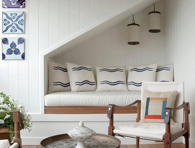 Reading nook under staircase. Coastal Reading nook under staircase with shiplap walls. #Readingnook #understaircase #shiplap reading-nook-under-staircase Sara Bengur Interiors