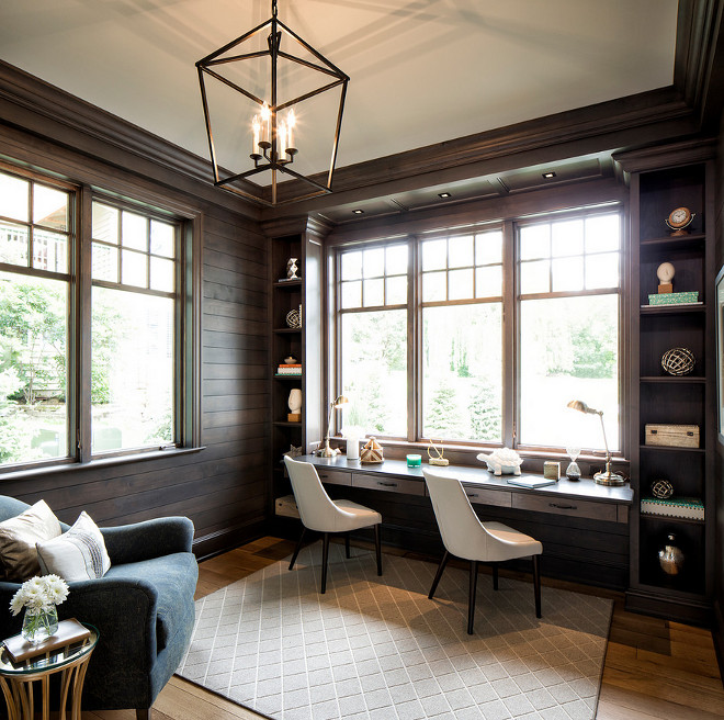 Home Office Lighting and Built-in Desk. Home Office Lighting and Built-in Desk #HomeOffice #Lighting #BuiltinDesk shiplap-dark-stained-shiplap Hendel Homes. Vivid Interior Design - Danielle Loven.