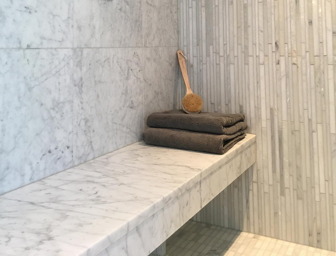 Shower Bench. Marble Slab Shower Bench Shower Bench Seat: Honed Carrara Marble. #Showerbench #marbleslabbench #shower #bench Beautiful Homes of Instagram Sumhouse_Sumwear