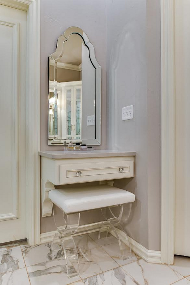 The countertops are in a Caeserstone, color "Pebble". The bench under the vanity is from Bed Bath and Beyond, "Taymor Urban Modern Acrylic Vanity Bench". small-make-up-vanity. small-make-up-vanity Ivy House Interiors