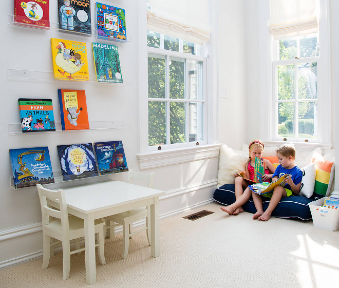 Small playroom. Small playroom. Keep walls in a neutral color, use small furniture and hang bookshelves on walls to leave more floor space for playing and reading