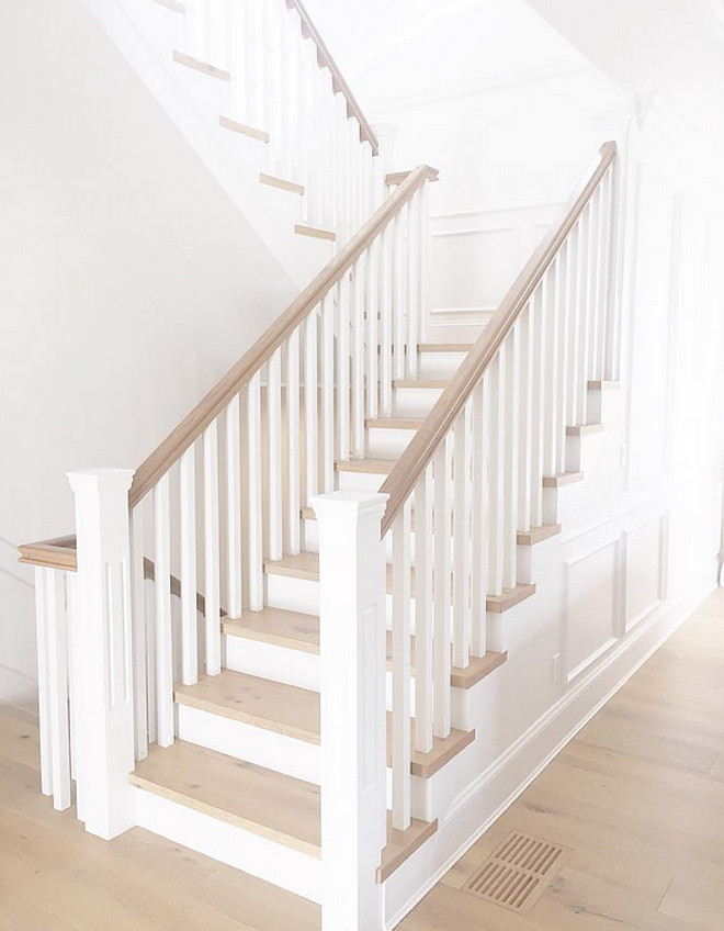 White Staircase. White Staircase. White Staircase Paint color is Benjamin Moore Simply White. #WhiteStaircase #BenjaminMooreSimplyWhite