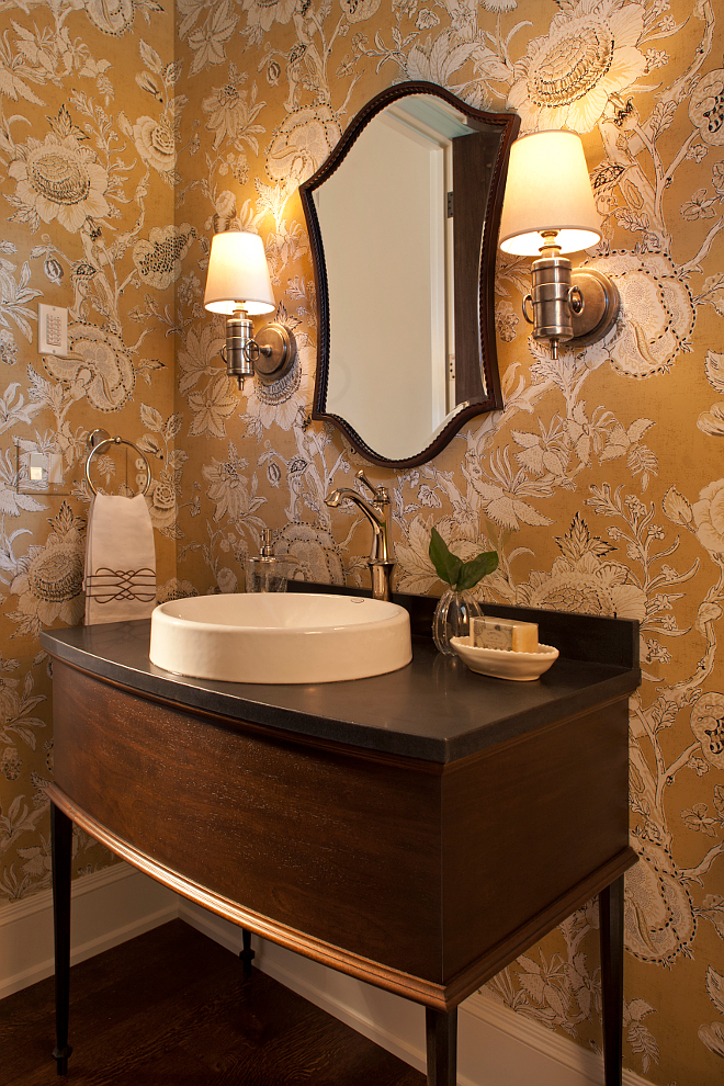 Powder room. I love rooms that speak for themselves without being loud. What a classic space! The wallcovering is Thibaut Rittenhouse. #powderroom #wallcovering #Thibaut #Rittenhouse thibaut-rittenhouse-powder-room-wallpaper-is-thibaut-rittenhouse-thibautrittenhouse Vivid Interior Design. Hendel Homes