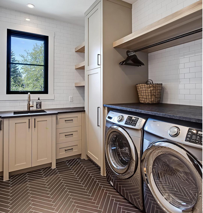 transitional-laundry-room-with-herringbone-floor-tile-and-floating-shelf-above-drying-rod-verandainterior