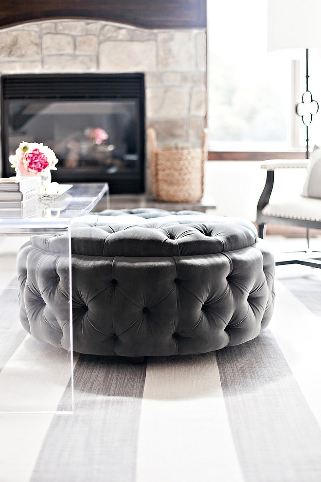Tufted ottoman. Living room with grey tufted ottoman. Grey tufted ottoman. tufted-ottoman #greytuftedottoman #tuftedottoman #livingroomtuftedottoman LIV Design Collective