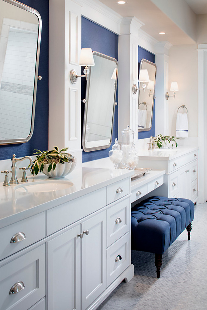 White bathroom with navy wallpaper. This white bathroom features Phillip Jeffries Manila Hemp Wallpaper in a navy color. white-bathroom-with-navy-wallpaper #whitebathroom #PhillipJeffries #ManilaHemp #Wallpaper #navycolor Tracy Lynn Studio