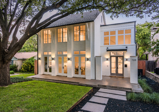 White exterior brick paint color. Exterior Brick was done in Pure White by Sherwin Williams. White Exterior Brick paint color is Pure White by Sherwin Williams. #WhiteBrick #whiteExteriorBrick #paintcolor #PureWhite #SherwinWilliams TANNER HOMES & TIPER Residential Development.