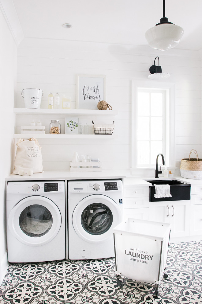 White laundry room with shiplap walls and cement floor tile. Bright white laundry room with shiplap walls and cement flooring #laundryroom #whitelaundryroom #shiplap #cementfloortile #cementtile