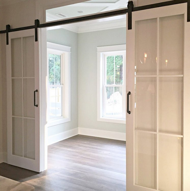 Sliding Glass Barn Door. Sliding glass doors on barn door hardware is a great alternative to barn door especially when the space lack on natural light. #slidingbarndoor #slidingglassdoor #barndoor #barndoorhardware barn-door Via susie_harris42 on Instagram