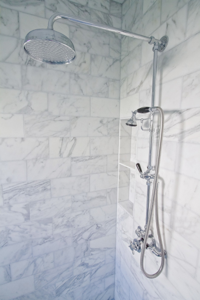 Exposed shower fixture: Lefroy Brooks. Shower walls: Calacatta marble, honed. Exposed shower fixture: Lefroy Brooks.Exposed shower fixture: Lefroy Brooks. #Exposedshowerfixture #LefroyBrooks Home Bunch Beautiful Homes of Instagram Bryan Shap @realbryansharp