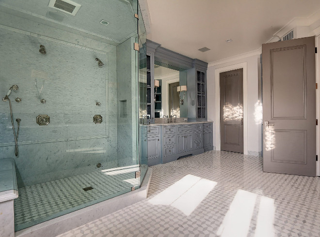 Bathroom Color Palette. Bathroom with large shower, blue grey cabinet and greige doors. #bathroom #bathroom #colorpalette Matt Morris Development. 