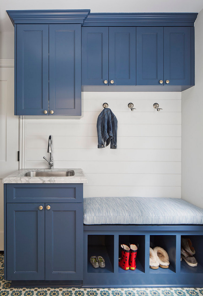Blue Mudroom Cabinet. Blue Mudroom Cabinets with Built In Bench with Shoe Cubbies. blue-mudroom-cabinet #BlueMudroomCabinet #Bluecabinet #mudroom #Bluemudroom #cabinets #builtinbench #shoecubbies Erin Hedrick
