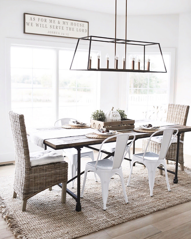 Farmhouse dining room. Casual Farmhouse dining room with linear chandelier. Farmhouse dining room. Farmhouse dining room. Farmhouse dining room #Farmhousediningroom #Farmhouse #diningroom #casualdiningroom Beautiful Homes of Instagram @nc_homedesign via Home Bunch