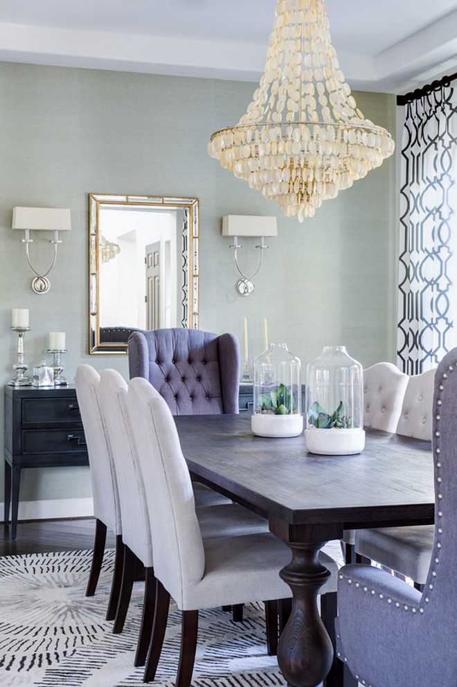 Dining room with grasscloth wallpaper. Dining room with grasscloth wallpaper and coastal lighting. #Diningroom #grassclothwallpaper #coastallighting dining-room-with-grasscloth-wallpaper J & J Design Group, LLC