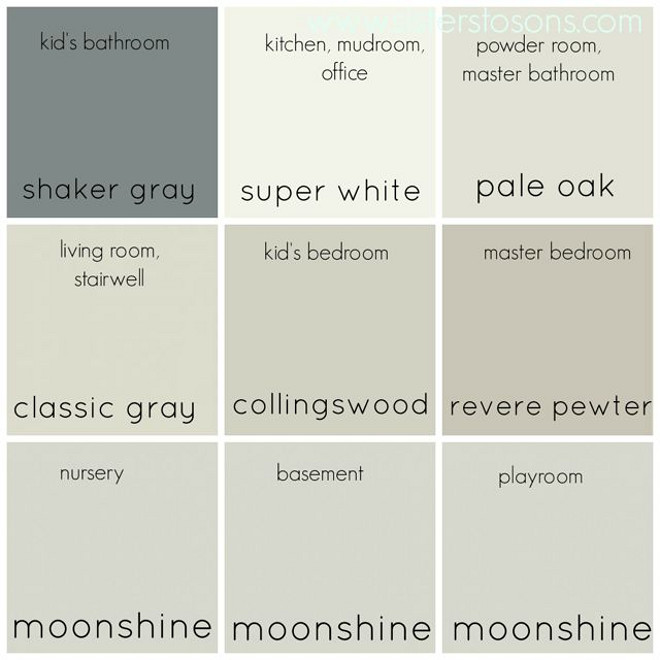 Whole Neutral Color Palette. Entire Home Neutral Color Palette with Paints by Benjamin Moore: Benjamin Moore Shaker Gray. Benjamin Moore Super White. Benjamin Moore Pale Oak. Benjamin Moore Classic Gray. Benjamin Moore Collingswood. Benjamin Moore Revere Pewter. Benjamin Moore Moonshine. entire-home-neutral-color-pallet