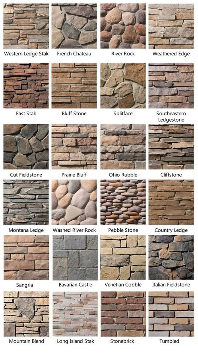 Stone Types. How to choose stone for your home exterior, fireplaces and more. Stone Type Photos. List of Stone Types. Western Legde Stak Stone. French Chateau Stone. River Rock Stone. Weathered Edge Stone. Weathered Edge Stone. Fast Stack Stone. Bluff Stone. Splitface stone. Southeastern Ledgestone. Cut Fieldstone. Prairie Bluff Stone. Ohio Rubble Stone. Cliffstone. Montana Ledge Stone. Washed River Rock Stone. Washed River Rock. Pebble Stone. Country Ledge Stone. Sangria Stone. Bavarian Castle Stone. Venetian Cobble Stone. Italian Fieldstone. Mountain Blend Stone. Long Island Stak Stone. Stonebrick. Tumbled stone #stone #stonetypes #exteriorstone #fireplacestone #stones #WesternLegdeStak #FrenchChateau #RiverRock #WeatheredEdge #FastStack #Bluffstone #splitfacestone #SoutheasternLedgestone #CutFieldstone #PrairieBluff #OhioRubble #Cliffstone #MontanaLedge #WashedRiverRock #WashedRiverRock #PebbleStone #CountryLedge #Sangria #BavarianCastle #VenetianCobble #ItalianFieldstone #MountainBlend #LongIslandStak #Stonebrick #Tumbled