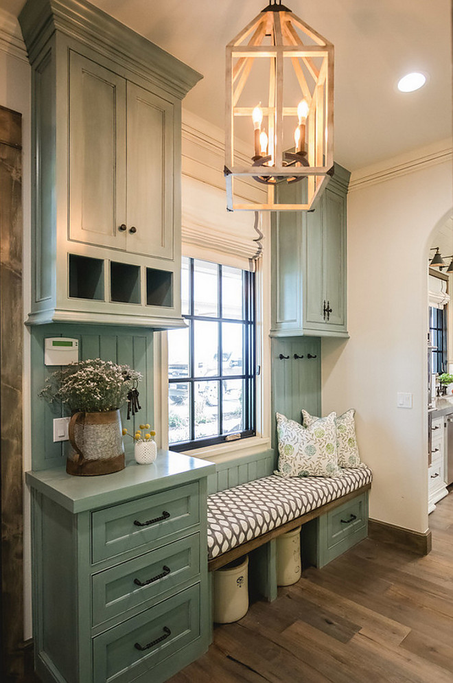 Farmhouse Mudroom with Window Seat. Farmhouse Mudroom with Window Seat and Blue Grey Cabinets. Farmhouse Mudroom with Window Seat #FarmhouseMudroomWindowSeat #FarmhouseMudroom #WindowSeat #Farmhouse #Mudroom #WindowSeat Alicia Zupan