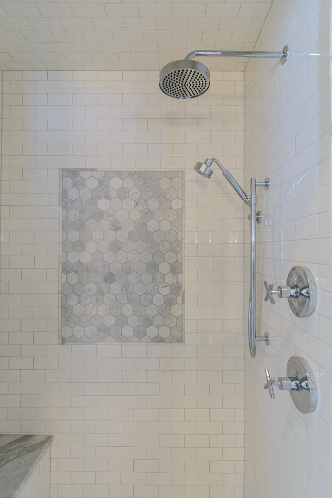 Hex Shower Accent Tile. Shower with hex tile. Hex Shower Accent Tile. Hex Shower Accent Tile Ideas #HexShowerTile #Accenttile hex-shower-accent-tile Tasha B. Davis Interiors, LLC.