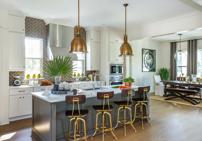 Kitchen with brass accents. Kitchen pendant lights and bass stools are from Restoration Hardware. #kitchen #brass #pendantlights #barstools kitchen-brass-accents Cottage Home Company