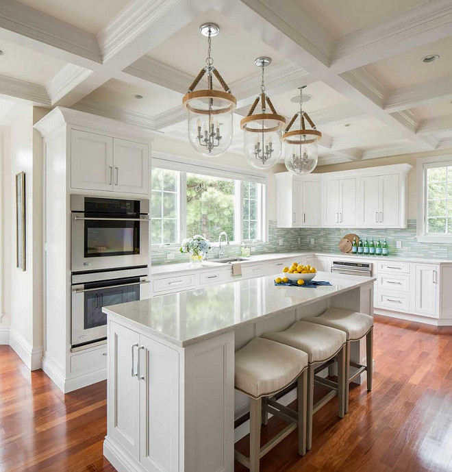 Kitchen Coffered Ceiling. Kitchen Coffered Ceiling. Kitchen features coffered ceiling with three rope, wood and glass bell lanterns. The lighting is Rope and Wood 4-Light Lantern from Shades of Light. #KItchen #cofferedceiling #ropeglasslantern #lantern #lighting #kitchenlighting #RopeandWood #4LightLantern #ShadesofLight kitchen-coffered-ceiling Design № Five