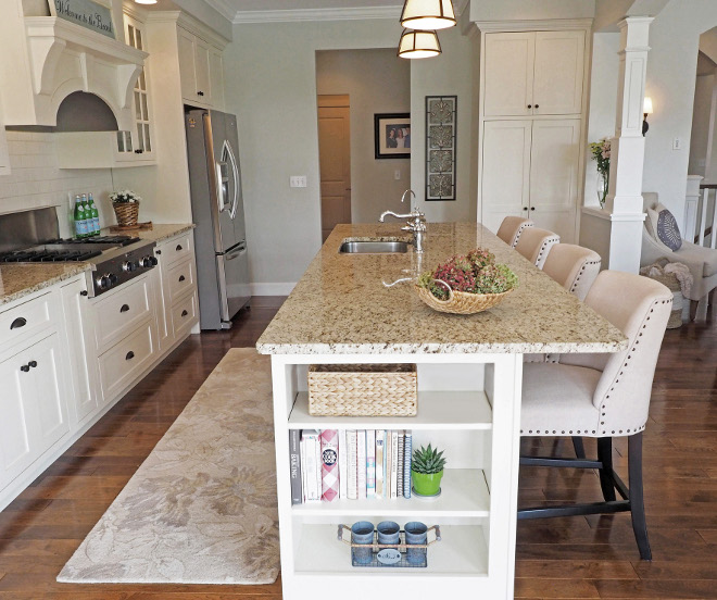 Kitchen island. Kitchen island with open shelving. Kitchen features open end shelving on island, built in pantry and 4’ width between sink and cooktop. Island measures 10’4” long and 42” wide. Overall kitchen dimensions are 19’8” x 12’8”. #kitchenisland #openselves #islandopenshelves Home Bunch Beautiful Homes of Instagram wowilovethat