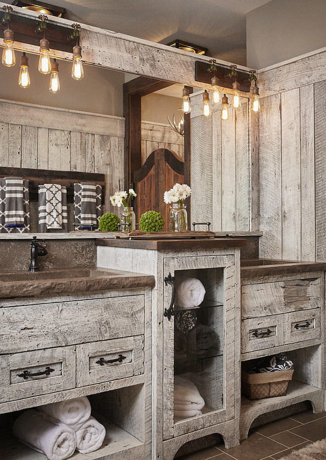 Rustic Bathroom. Rustic Bathroom with relacimed barn hand hewn and rough sawn wood cabinet and shiplap. rustic-bathroom #RusticBathroom #rusticinteriros #rustic #Bathroom #relacimedbarnwood #reclaimedwood #handhewn #roughsawn #wood #cabinet #shiplap Mike Schaap Builders. Benchmark Wood Studio Inc. Images by Ashley Avila Photography.