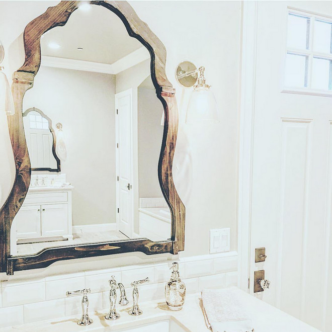 Rustic reclaimed wood mirror. This bathroom is full of great details, but these reclaimed wood mirrors really steals the show! #reclaimedmirror #mirror #reclaimedwood rustic-wood-bathroom-mirror Home Bunch's Beautiful Homes of Instagram ourfarmhousefit