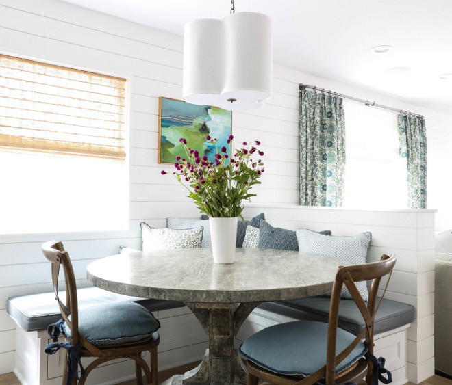 Shiplap Breakfast Nook and Shiplap Banquette. Shiplap Breakfast Nook and Shiplap Banquette and zinc table. #Shiplap #BreakfastNook #ShiplapBanquette shiplap-breakfast-nook-and-shiplap-banquette Erin Hedrick