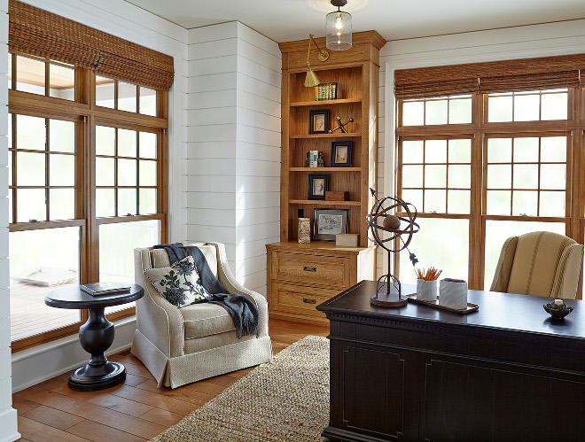 Shiplap. The library showcases ship-lap siding and quarter-sawn white oak cabinets with extraordinary lighting. Home office features Shiplap wall paneling and white oak cabinets. #Shiplap #Shiplappaneling #Shiplap shiplap Hendel Homes