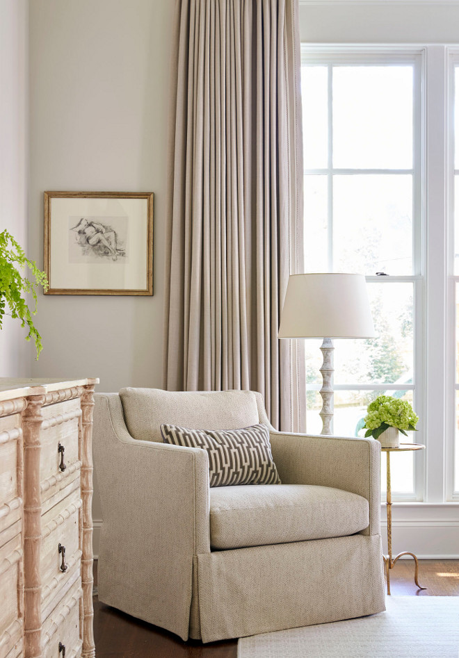  Elegant Bedroom Reading Corner with Skirted Herringbone Chair and Whitewashed Floor Lamp. #ElegantBedroom #ReadingCorner #SkirtedChair #HerringboneChair #WhitewashedFloorLamp Sarah Bartholomew Design