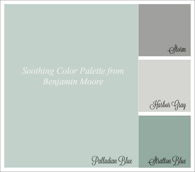 Soothing Color Palette from Benjamin Moore: Benjamin Moore Palladian Blue. Benjamin Moore Storm. Benjamin Moore Harbor Gray. Benjamin Moore Stratton Blue. #BenjaminMoorePalladianBlue #BenjaminMooreStorm #BenjaminMooreHarborGray #BenjaminMooreStrattonBlue soothing-color-palette-from-benjamin-moore