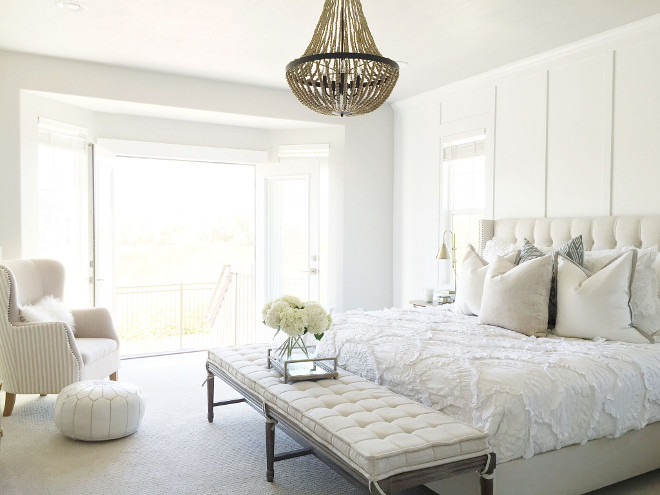 White bedroom. White master bedroom. White bedroom furniture. Master Bed: One Kings Lane. Master Accent Chair: Homegoods. Side Tables: West Elm. Side Table Lamps: J Hunt. #bedroom #whitebedroom #bedroom #furniture Home Bunch's Beautiful Homes of Instagram janscarpino